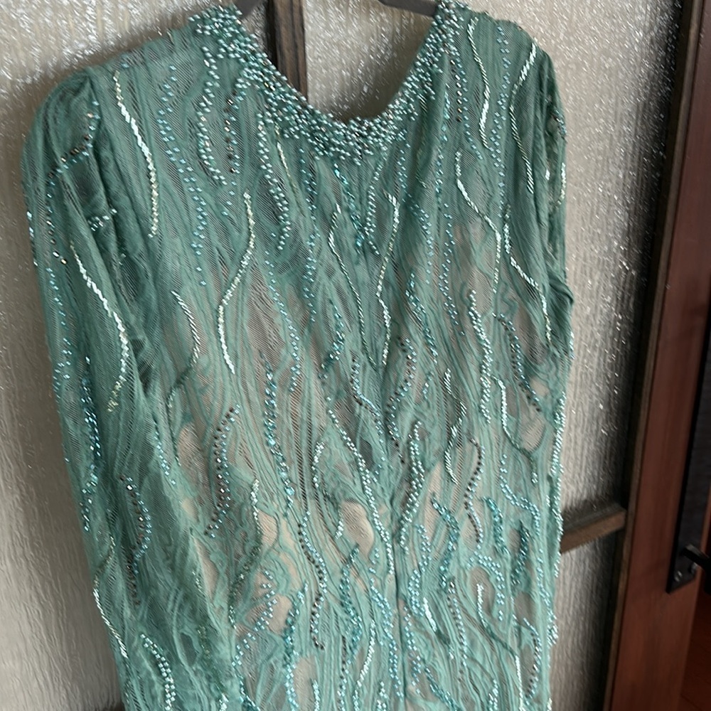 Mac Duggal Beaded Illusion Long Sleeve Plunge Neck Gown size 4 sold out… - Picture 15 of 15